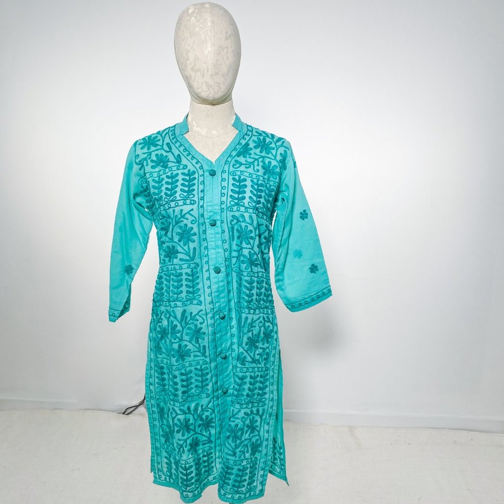 Vintage 70s S Boho Embroidered Tunic Dress Green - Picture 3 of 13
